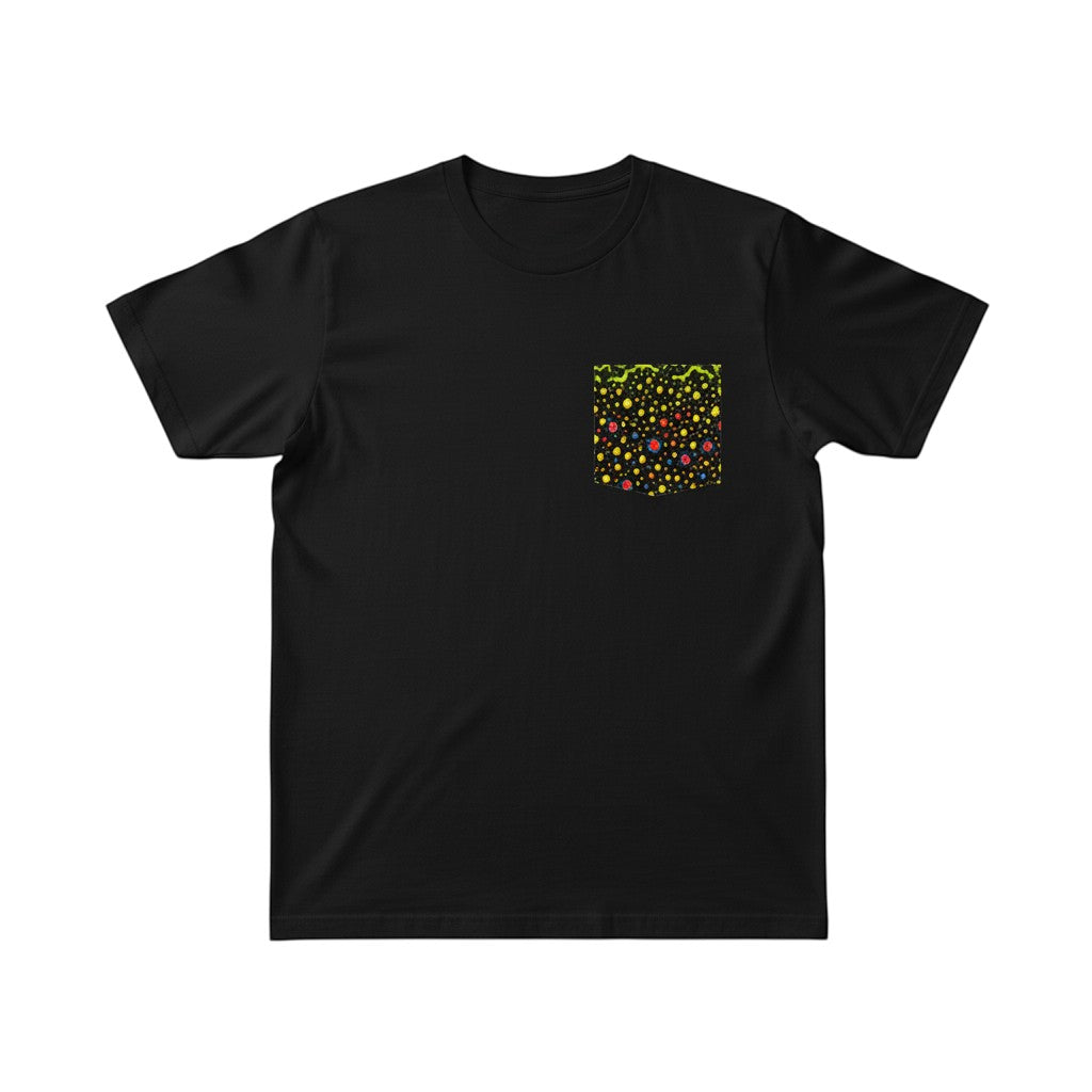FishPrinter black cotton t-shirt with a colorful Brook Trout pattern on the chest pocket.