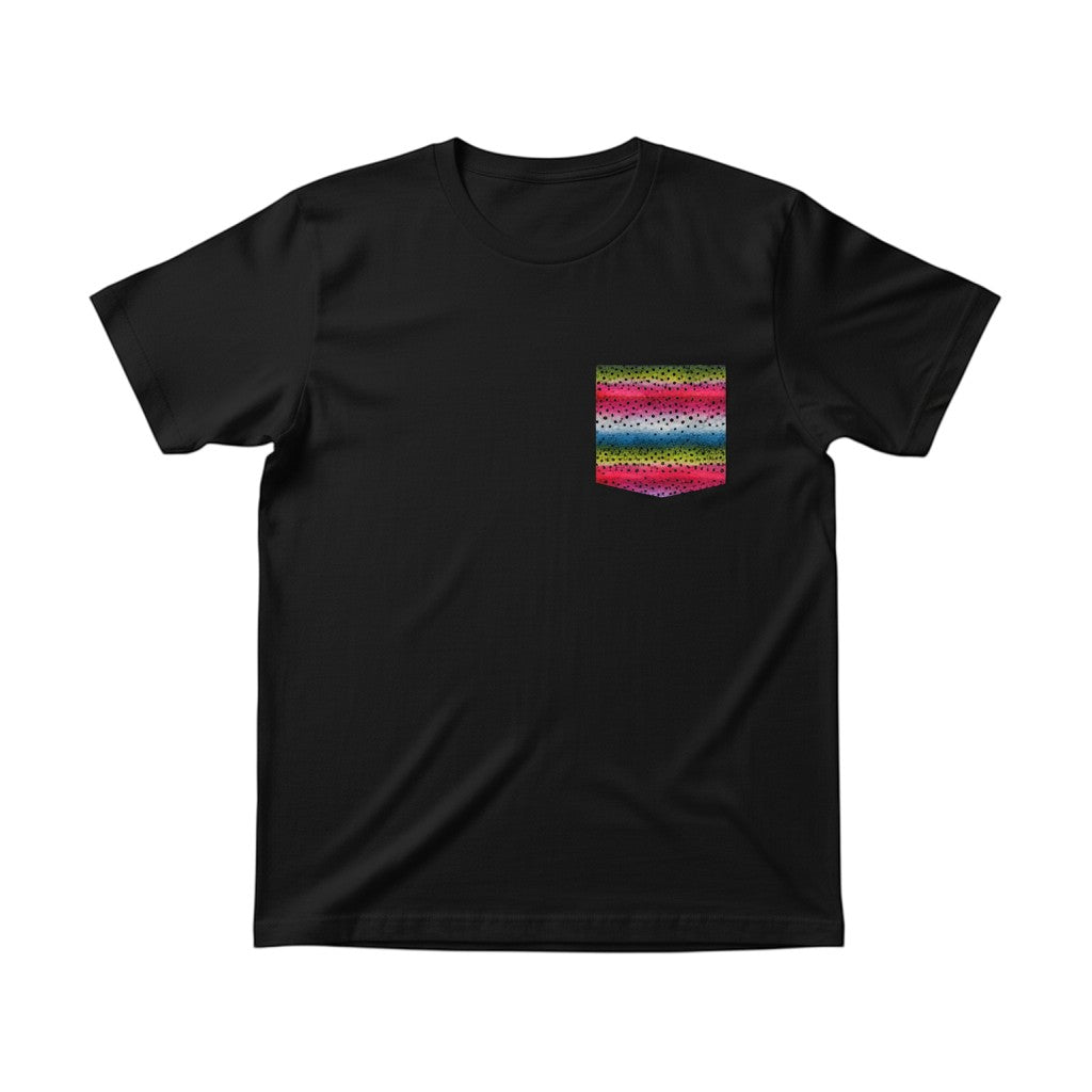 FishPrinter black cotton t-shirt with a rainbow trout pattern pocket featuring pink, blue, and spotted details.