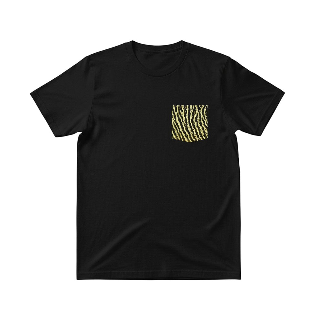 FishPrinter black cotton tee with a Tiger Muskie pattern pocket. Unisex fit, ideal for fishing.