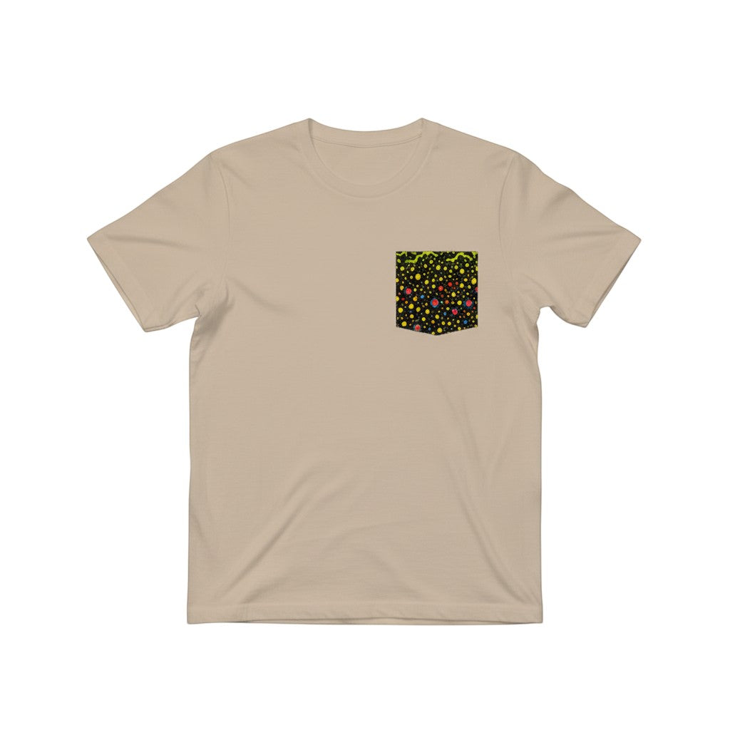 FishPrinter Brook Trout pocket tee in tan, featuring a colorful abstract pattern on the pocket. 100% cotton.