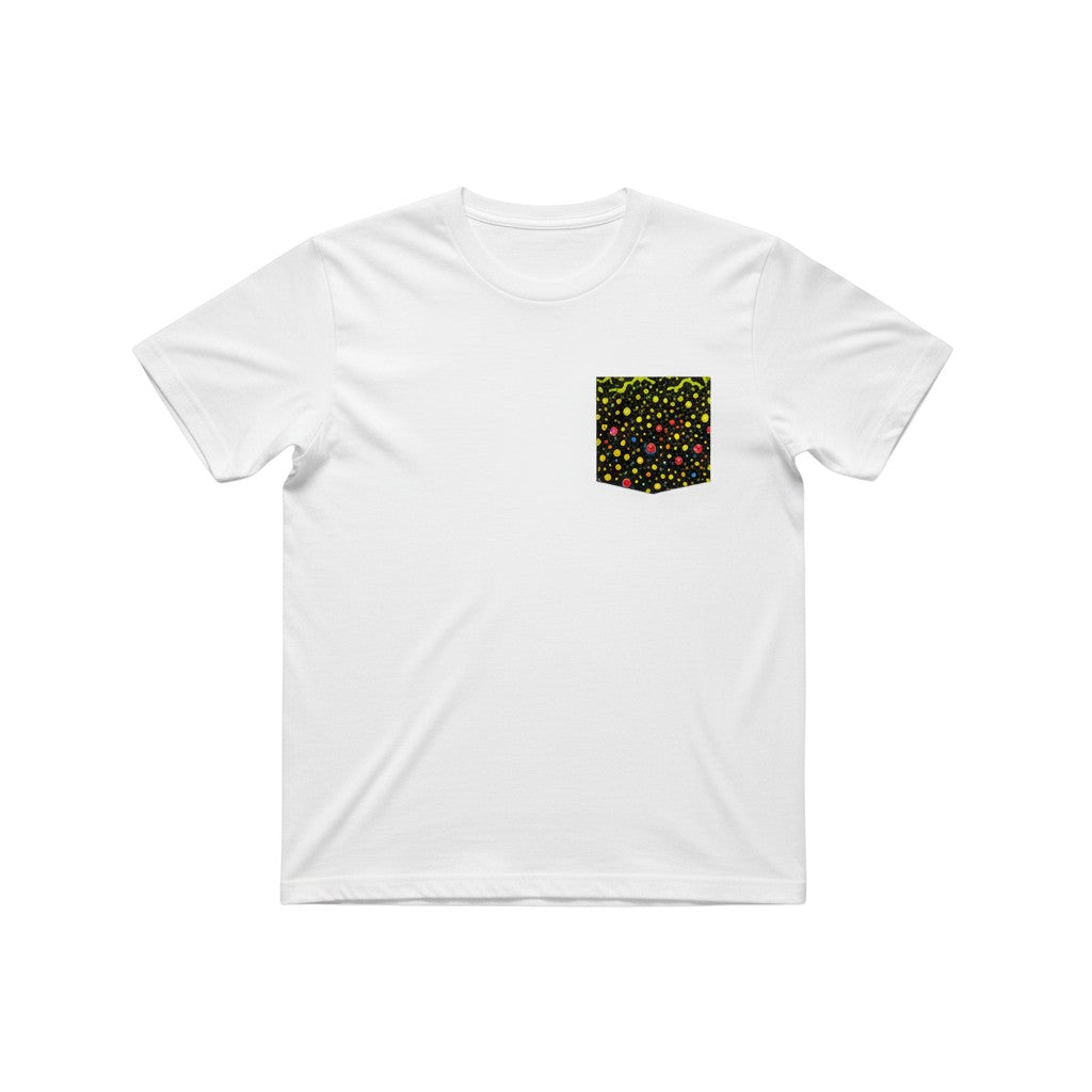 FishPrinter Brook Trout pocket tee, white cotton with a black pocket featuring a colorful brook trout pattern.