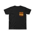 FishPrinter black cotton t-shirt with a brown trout pattern pocket. Unisex fit, perfect for fishing.
