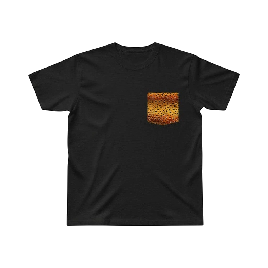 FishPrinter black cotton t-shirt with a brown trout pattern pocket. Unisex fit, perfect for fishing.
