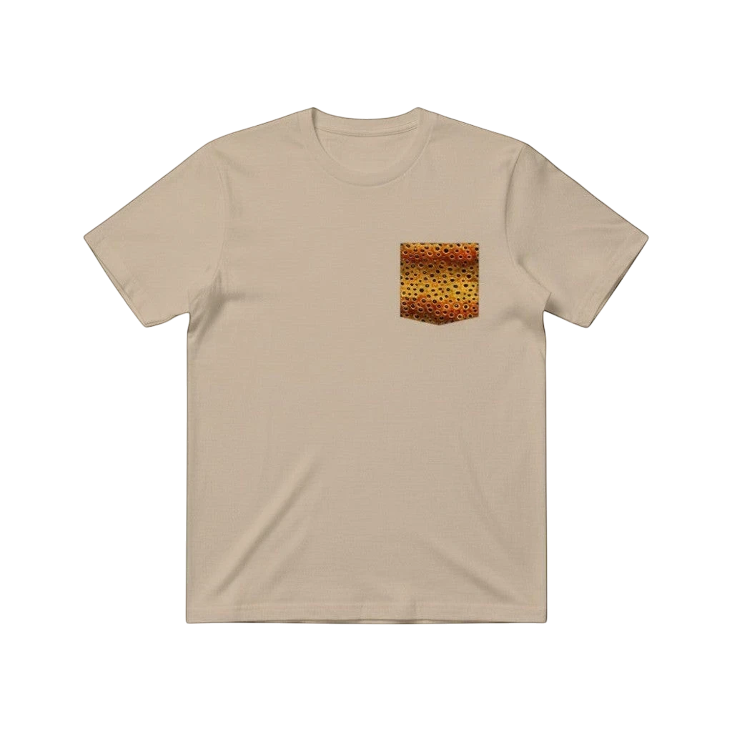 FishPrinter brown trout pattern pocket tee in tan, 100% cotton, short sleeves, crew neck, casual fit.
