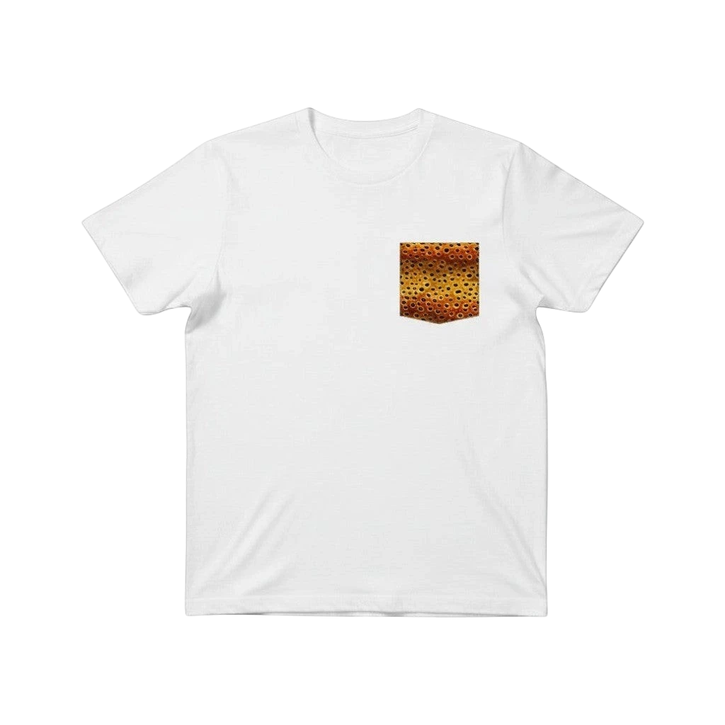 FishPrinter white cotton t-shirt with brown trout pattern pocket. Modern fit, lightweight, breathable.