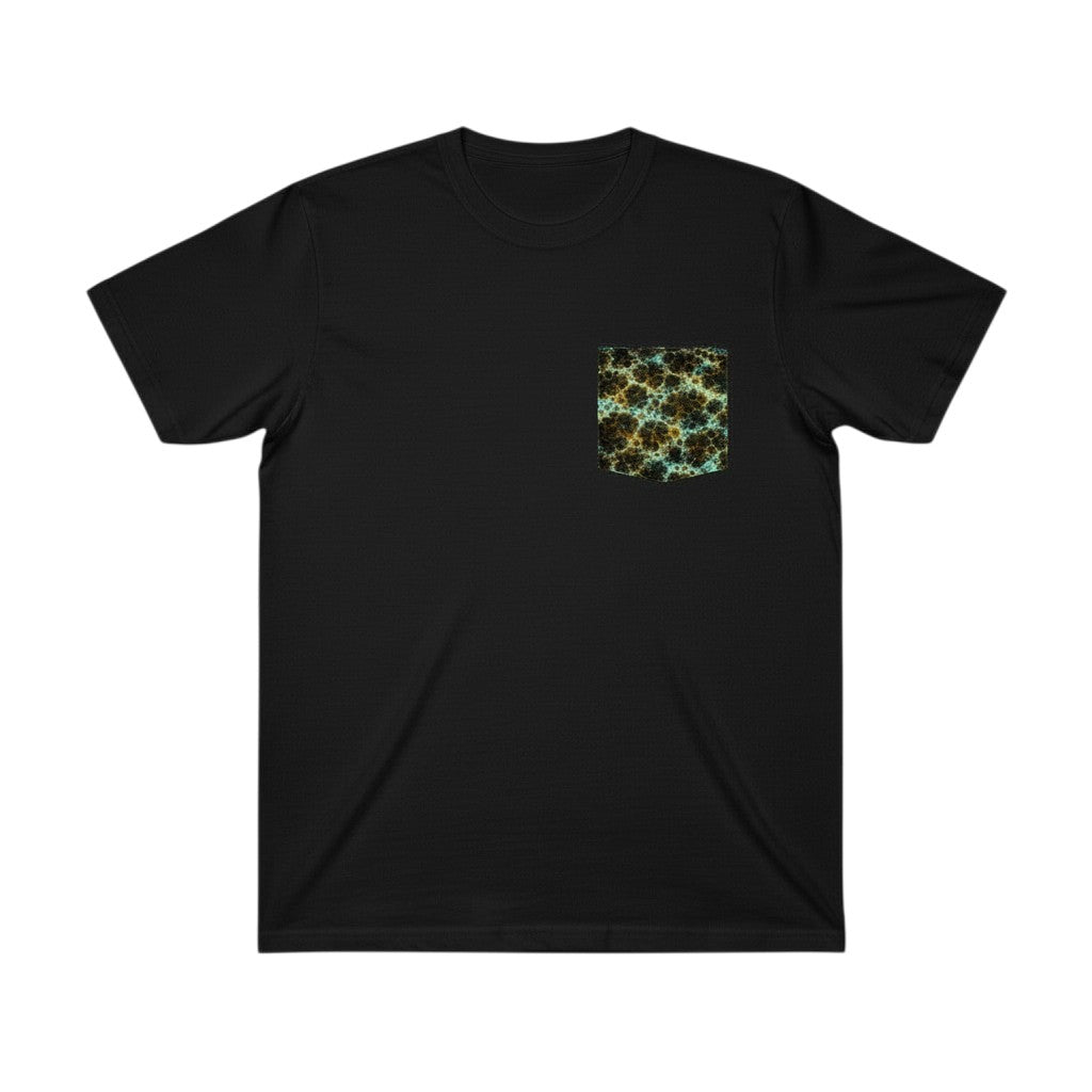 FishPrinter black cotton t-shirt with a unique lingcod pattern pocket in blue-green and brown tones.