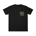FishPrinter black cotton t-shirt with a unique lingcod pattern pocket in blue-green and brown tones.