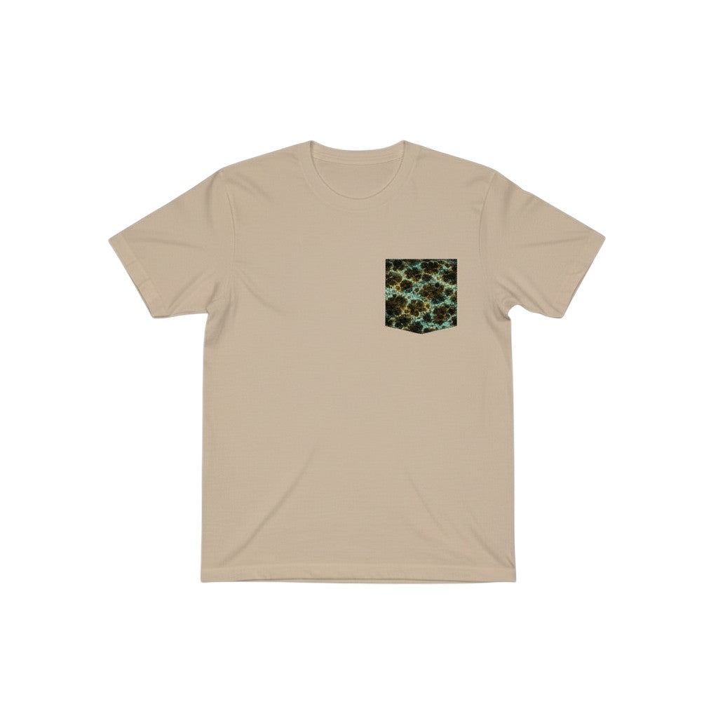 FishPrinter tan cotton t-shirt with a blue-green lingcod pattern pocket. Modern fit, soft-touch fabric.