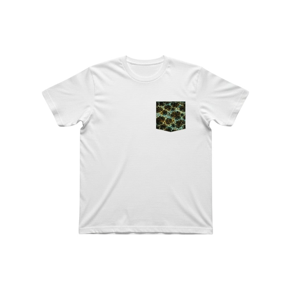 Fish Printer white cotton pocket tee with blue-green lingcod camouflage artwork on the chest pocket.
