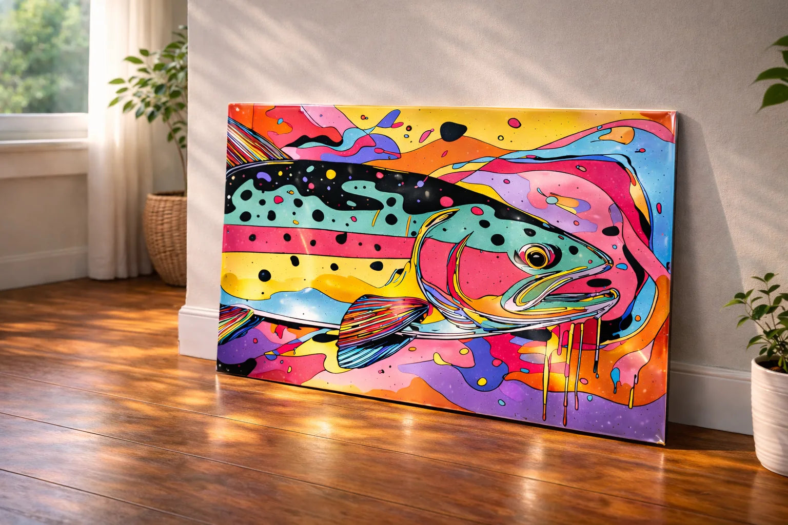 Colorful abstract fish painting on a wall in a room with wooden floor and plants.