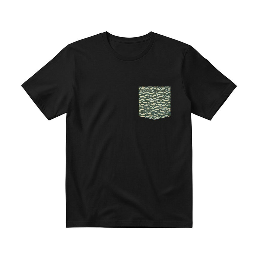 FishPrinter black cotton tee with a Northern Pike pattern pocket in grey-green and cream. Unisex fit.