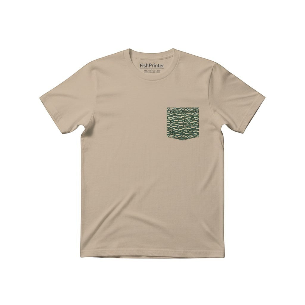 FishPrinter tan cotton tee with a Northern Pike pattern pocket. Unisex fit, lightweight and breathable.
