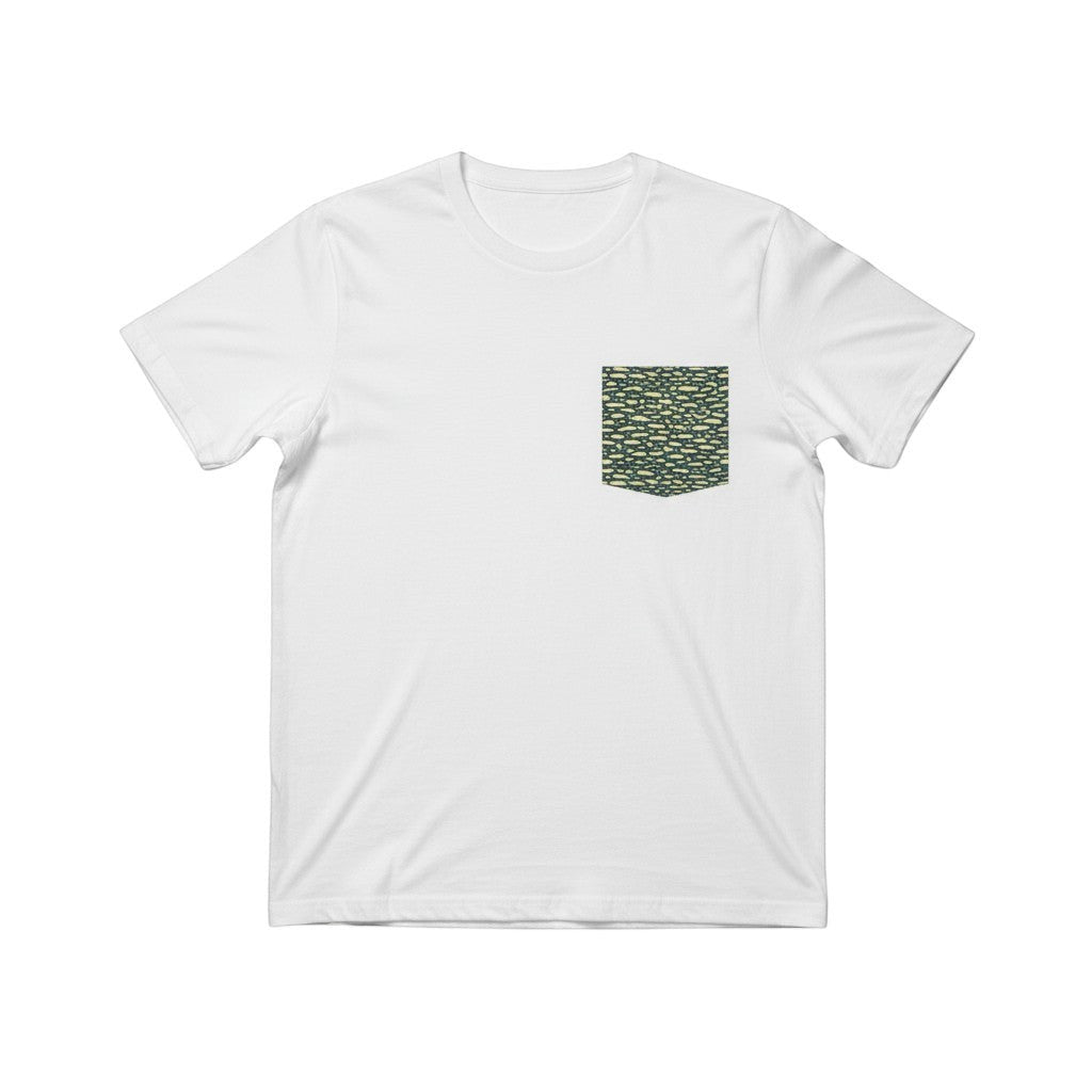 FishPrinter white cotton pocket tee with Northern Pike pattern in gray-green and cream, unisex fit.