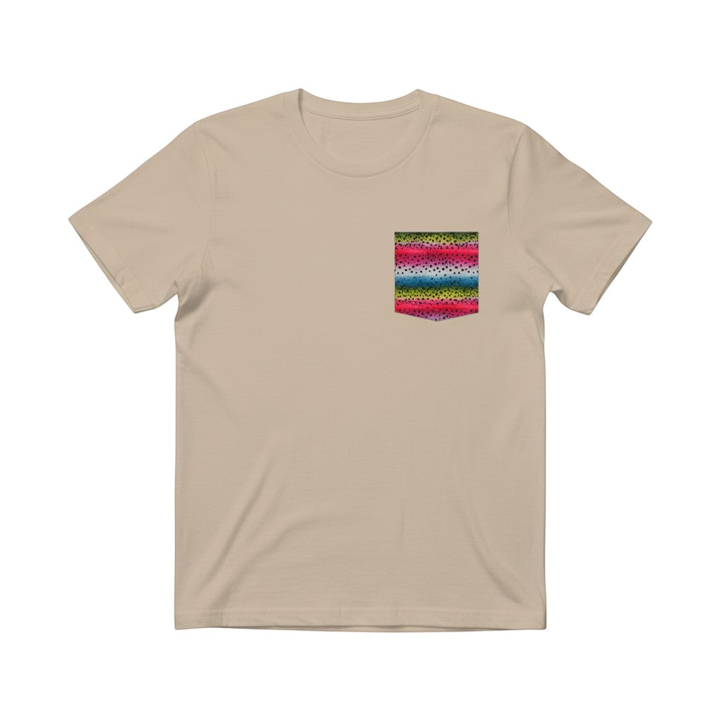 FishPrinter tan cotton t-shirt with a rainbow trout pattern pocket featuring pink, blue, and black stripes and dots.
