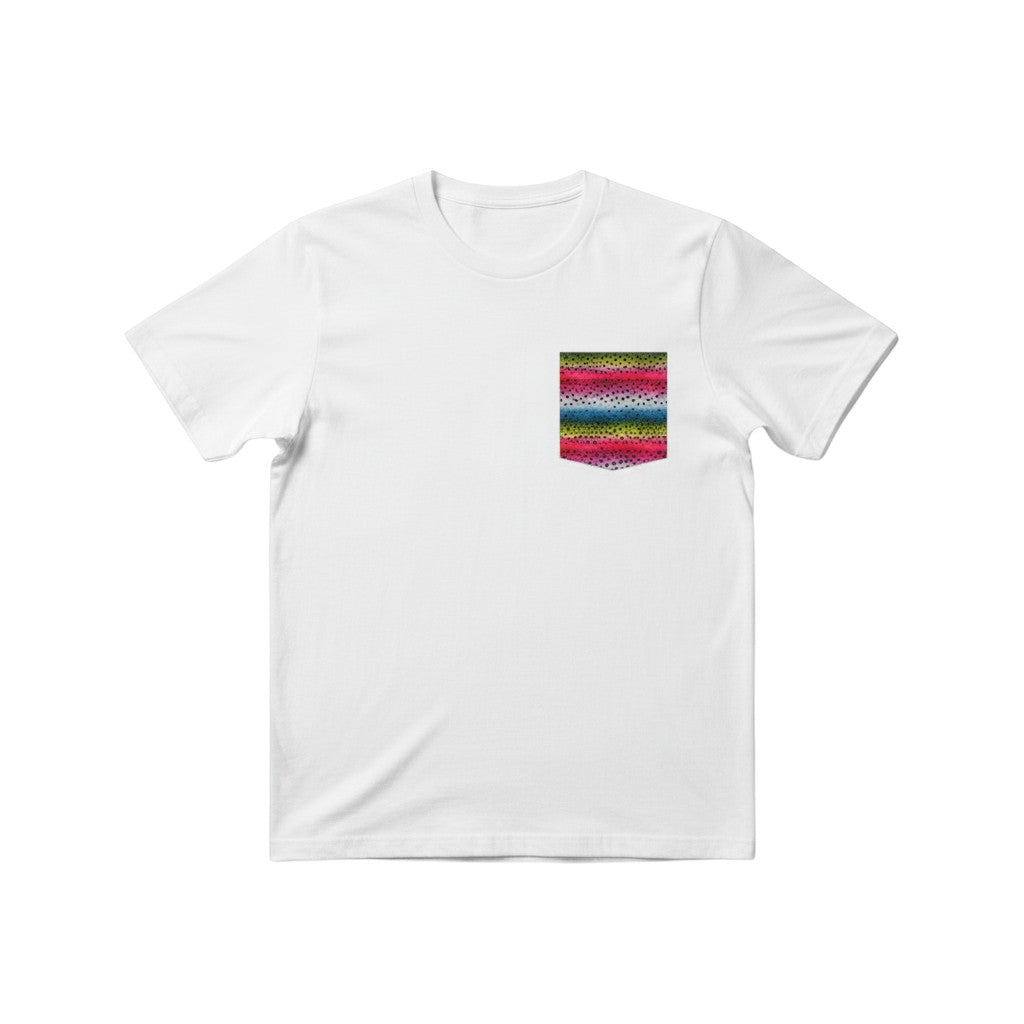 FishPrinter white cotton t-shirt with a rainbow trout pattern pocket featuring pink, blue, and black spots.