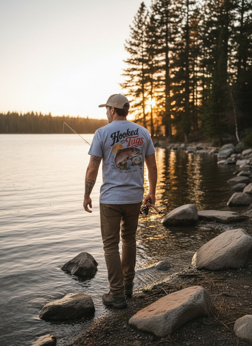Man standing by a lake with trees in the background at sunset, wearing a 'Hooked on Tugs' t-shirt.