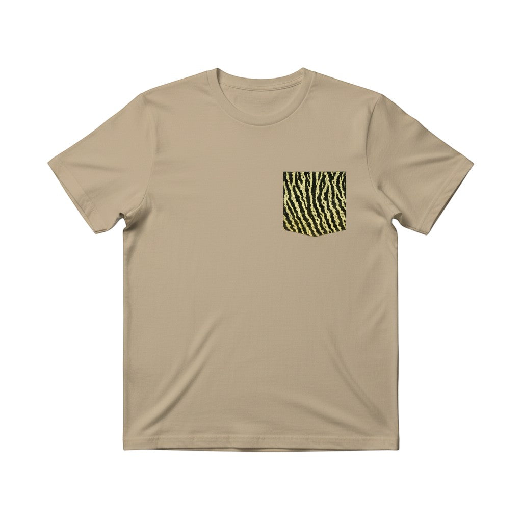 FishPrinter beige cotton tee with a unique Tiger Muskie pattern pocket. Unisex fit, perfect for fishing enthusiasts.