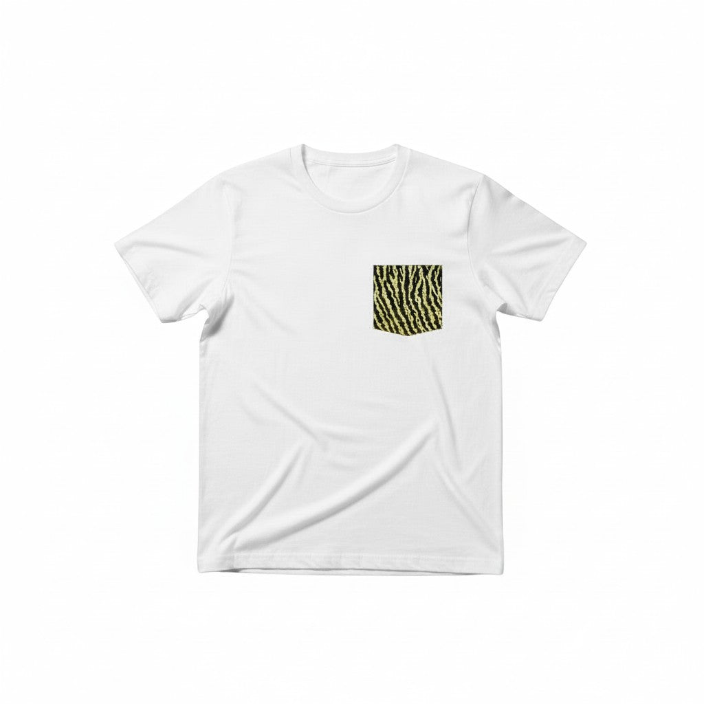 FishPrinter white cotton t-shirt with a chest pocket featuring a black and yellow tiger muskie stripe pattern.
